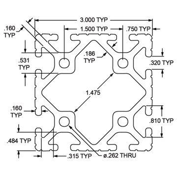 3030 - ﻿3.00" X 3.00" T-Slotted Profile - Eight Open T-Slots - 0