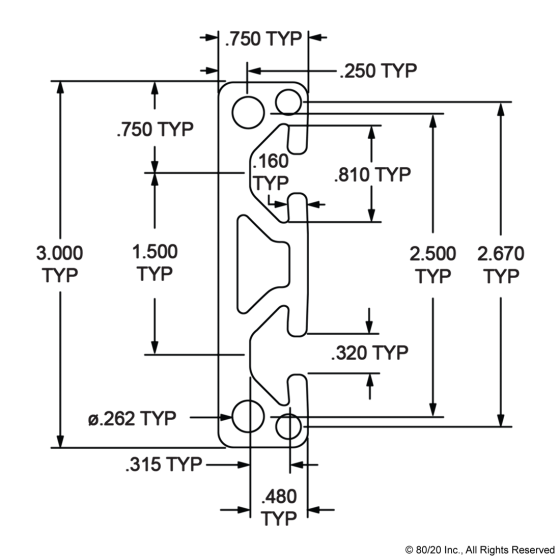 3075 - ﻿3.00” X .75” Smooth Surface T-Slotted Profile - Two Adjacent Open T-Slots
