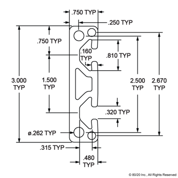 3075 - ﻿3.00” X .75” Smooth Surface T-Slotted Profile - Two Adjacent Open T-Slots - 0