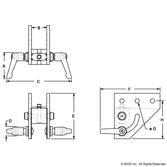 4116 - 10 Series 90 Degree Double Pivot Bracket Assembly with "L" Handles