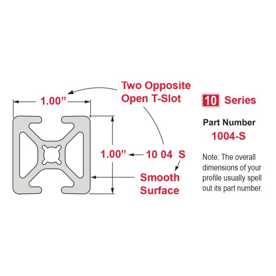 1004-S - 1.00” X 1.00” Smooth Surface T-Slotted Profile - Two Opposite Open T-Slots