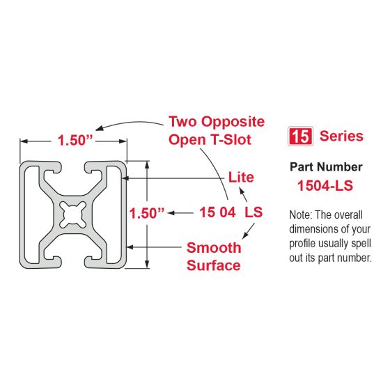 1504-LS - 1.50” X 1.50” Lite Smooth Surface T-Slotted Profile - Two Opposite Open T-Slots