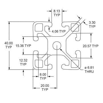 40-4040-Lite- 40mm X 40mm Lite T-Slotted Profile - Four Open T-Slots - 0