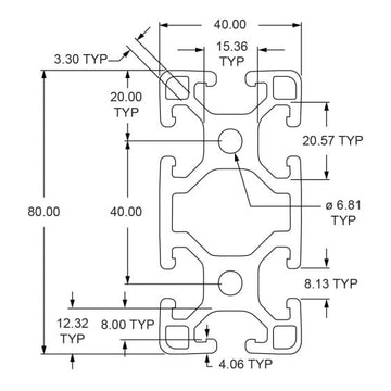 40-4080-Lite - 40mm X 80mm Lite T-Slotted Profile - Six Open T-Slots - 0