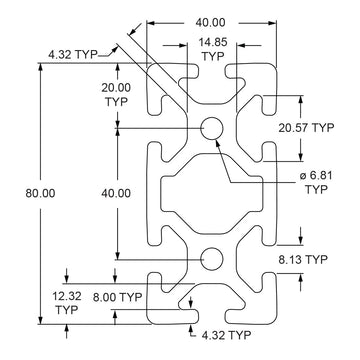 40-4080 -40mm X 80mm T-Slotted Profile - Six Open T-Slots - 0