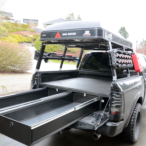 Truck bed rack with pullout drawer storage